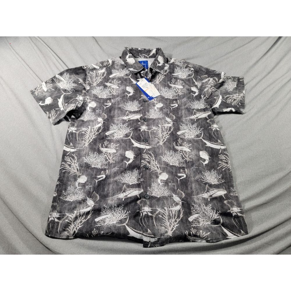 Guy Harvey All Over Fish Print Faded Black Button Up Shirt Vented, Men Small NEW